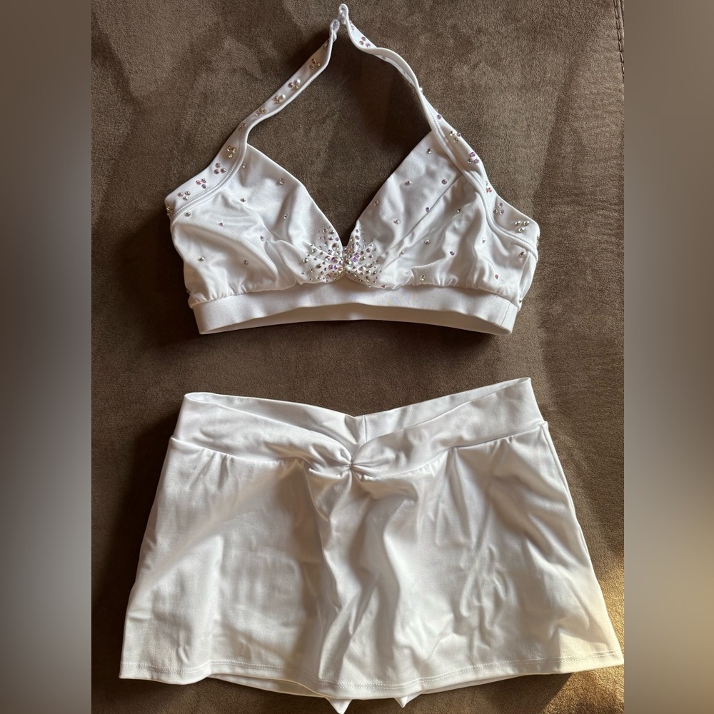 Dallaswear White Rhinestone Halter Top with Matching Skirt - NFL Cheer/Pro Dance